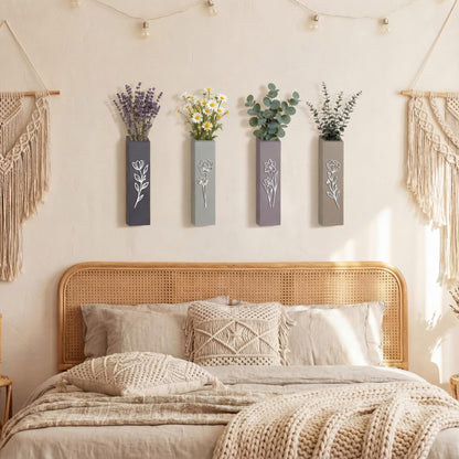 Bucherry 4 Pack 3D Wood Wall Planters Farmhouse Wall Flower Pocket Vases with 3D Floral Design Indoor Modern Neutral Boho Pocket Vase for Dried Flowers and Faux Greenery Plants for Living Room Bedroom