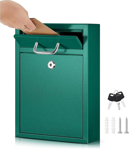 Yaocom Locking Mailbox with Key for Outdoor 12.2 x 8.5 x 3 Inches Large Wall Mount Mail Box with Lock Security Mail Drop Metal Collection Boxes Hanging Secure Postbox(Green)