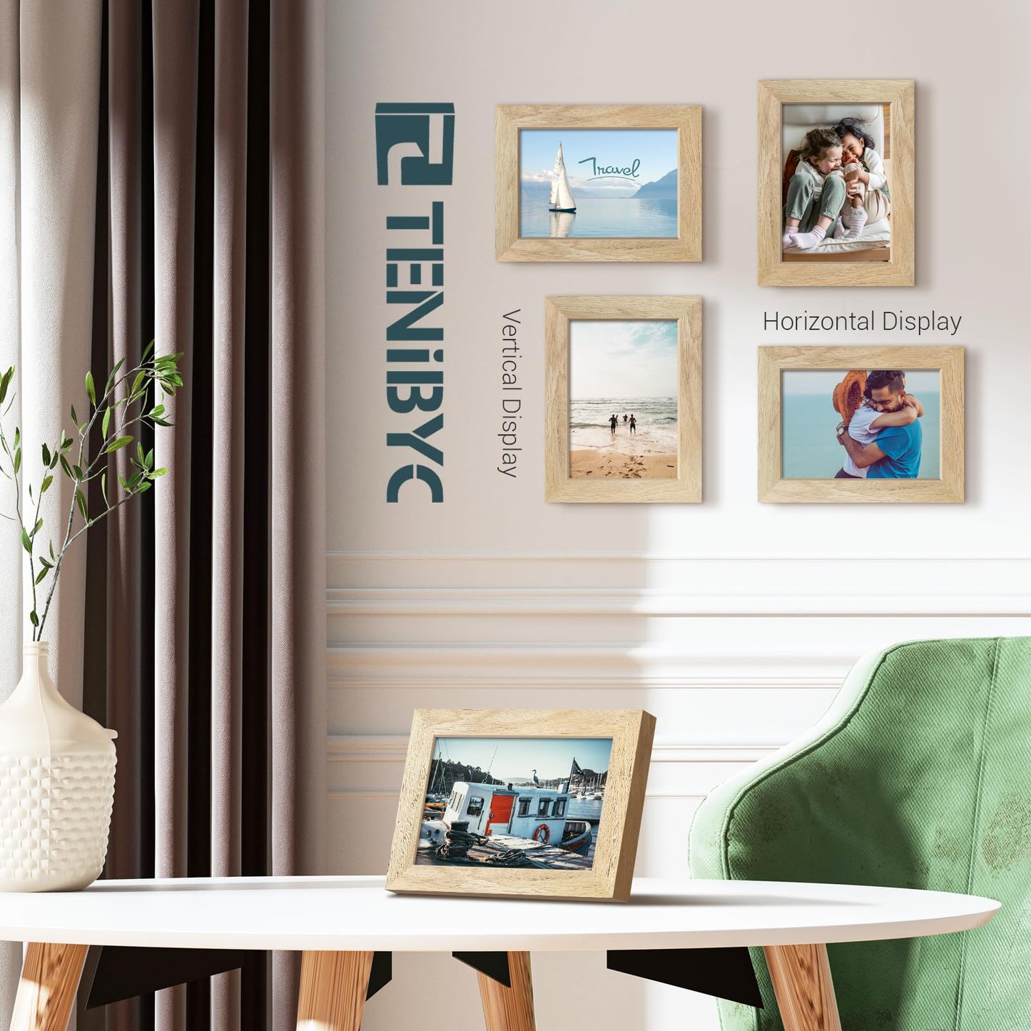 TENIBYC 5x7 Picture Frame 4 Pack, Natural Wood Photo Frame, HD Tempered Glass, Table Display or Wall Hanging