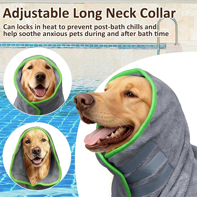 Soft Dog Bathrobe Fast Drying Dog Coat, Super Absorbent Dog Towels for After Bath, Microfiber Pet Robe Adjustable Collar & Belly Warm Keeping Dogs Coat for Pet Dogs & Cats (Grey, XX-Large)