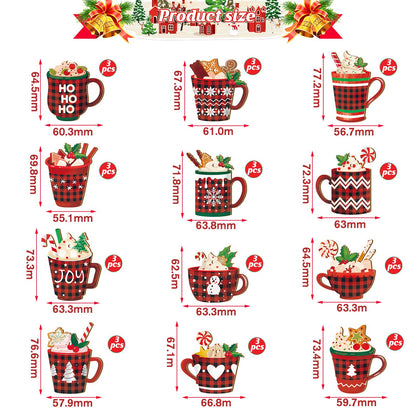 BBTO 36 Pieces Christmas Ornaments Hot Cocoa Wood Buffalo Plaid Coffee Mug with Rope Red Black Hanging Decoration Bar Xmas for Tree Home