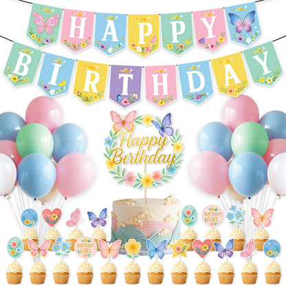 Butterfly Birthday Party Decorations for Girls Women, Spring Birthday Party Decorations - Pastel Spring Happy Birthday Banner, 24 Balloons, Butterfly Cake Topper & 24 Cupcake Toppers