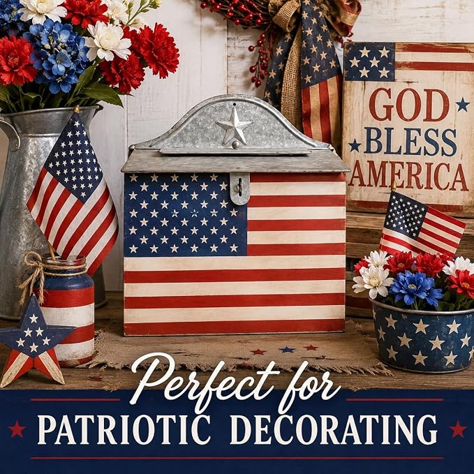 Vintage Americana Post Box Wall Decor – Rustic Farmhouse Mailbox, Patriotic Hanging Wall Accent, Decorative Metal Mail Holder for Entryway, Porch & Home Décor