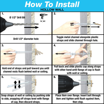 TOGGLER SNAPTOGGLE Heavy-Duty Drywall Toggle Bolt – 3/16"-24 UNC Zinc-Plated Anchor for Hollow Walls, Plaster & Tile – Holds 238 lbs in 1/2" Drywall, Easy Install – 10 Pack (with Bolts)