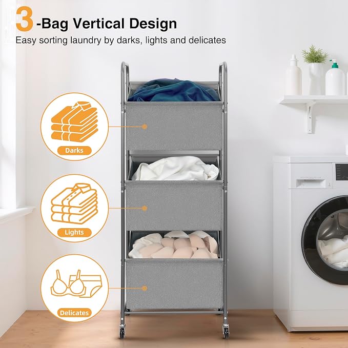 STO STO 3-Tier Vertical Laundry Hamper with Wheels, 120L Rolling Laundry Sorter with 3 Removable Waterproof Lined Bags, Rust-Resistant Steel Frame for Small Spaces, Apartment, Dorm, Gray Fabric