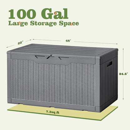 Flamaker Outdoor Storage Box 100 Gallon Waterproof Resin Deck Box Delivery Box with Air Rod Indoor Outdoor Lockable Storage Bench for Patio Cushions, Tools, Pool Accessories (Gray)