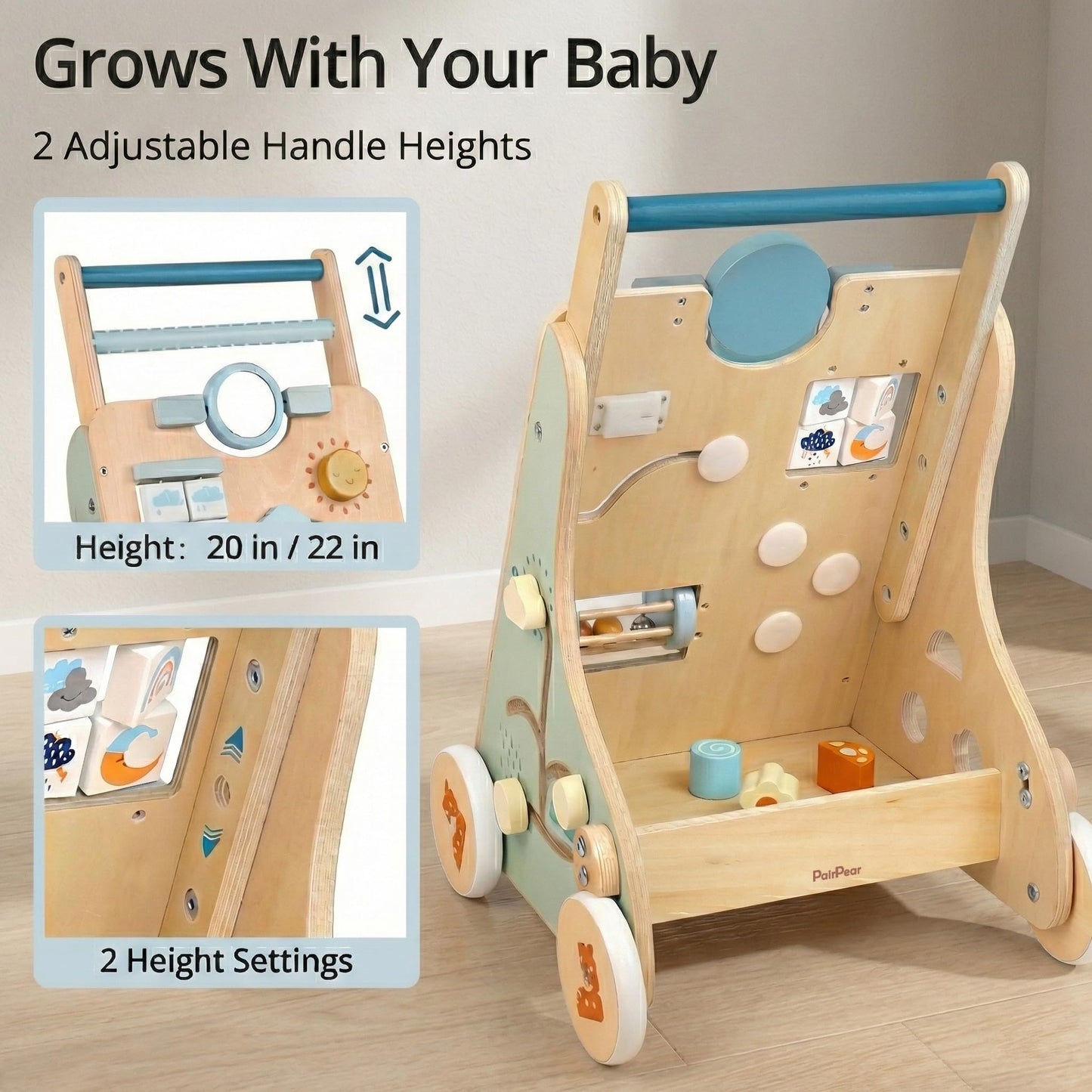 PairPear Wooden Baby Walker, Baby Activity Push Walker Toys