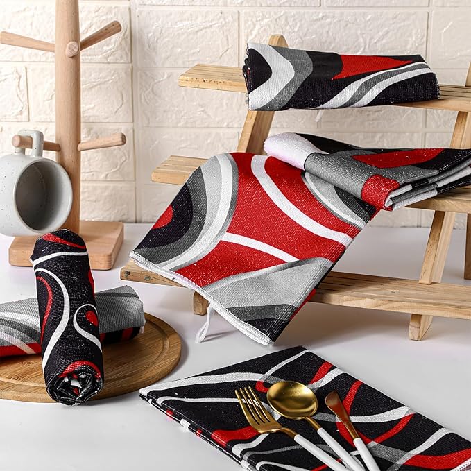 Boyiee Set of 6 Red Black Grey White Kitchen Towels Modern Geometric Dish Hand