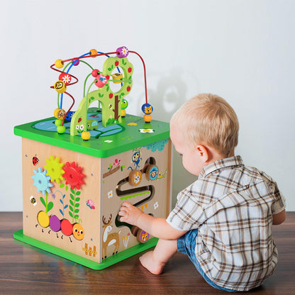 TOOKYLAND 5 in 1 Activity Center, Wooden Large Activity Play Cube 23"X13"X13", Wooden Learning Puzzle Toy for Toddlers, with Animal Friends, Shapes, Mazes, Shape Sorter
