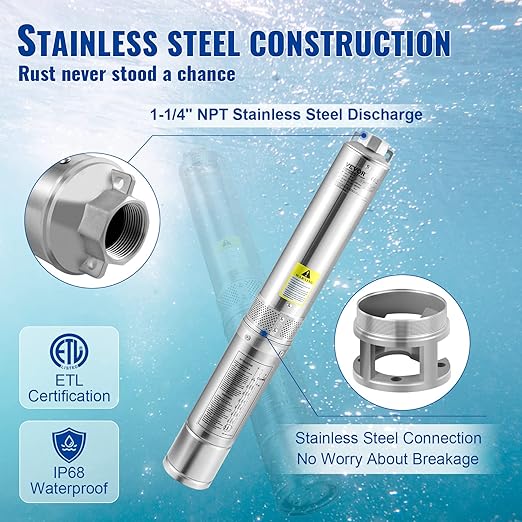 VEVOR Deep Well Submersible Pump, 2HP 230V/60Hz, 37GPM 427 ft Head, with 33 ft Cord & External Control Box, 4 inch Stainless Steel Water Pumps for Industrial, Irrigation and Home Use, IP68 Waterproof