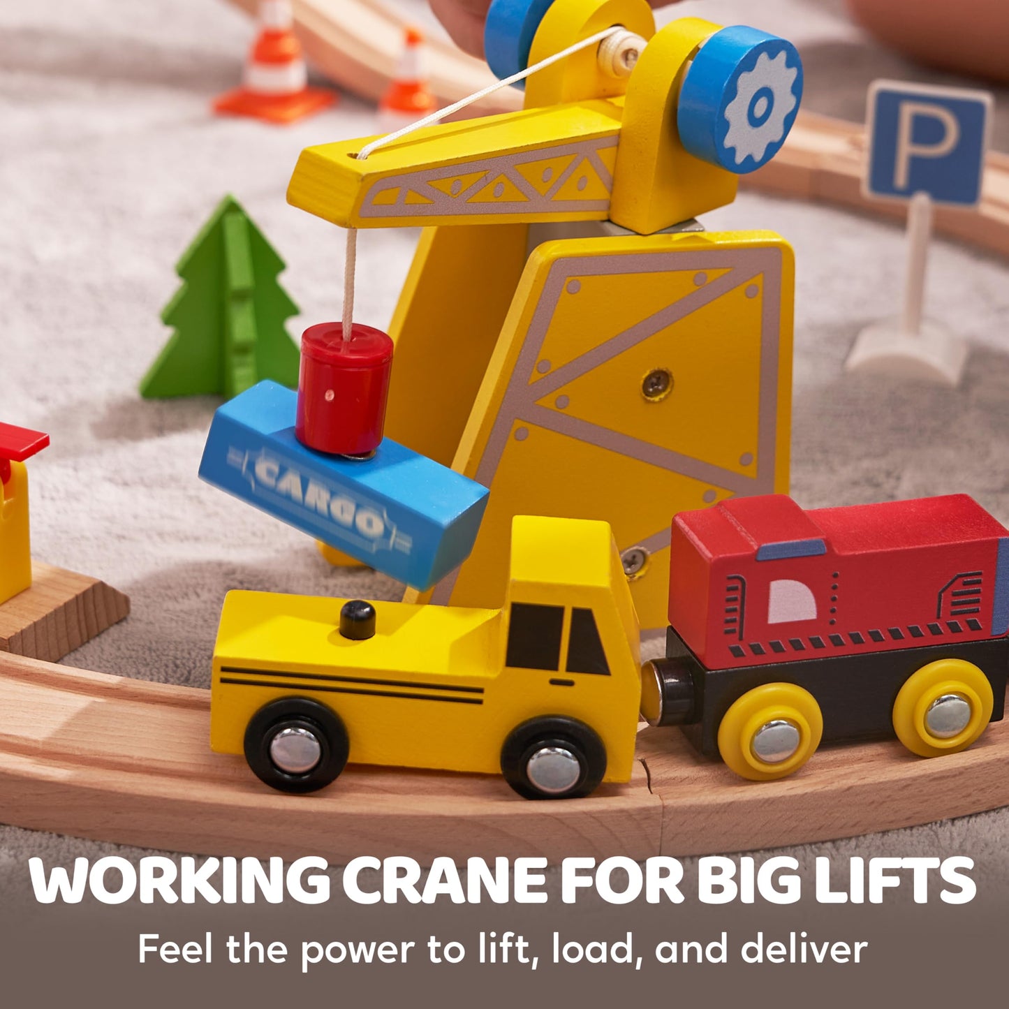 60PCS Wooden Train Set - Toy Magnetic Trains with Wooden Track Set for Kids Ages 3-8, Construction Crane Railway Set, Perfect Easter Birthday Gift for Grandkids Toddlers Boys Girls