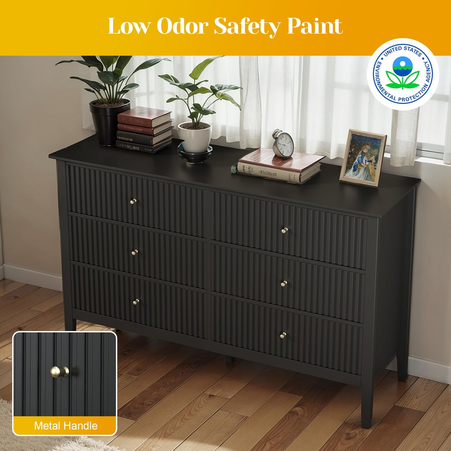 May in Color Black Fluted 6 Drawer Cabinet, Modern TV Console Table, Wood Entryway Table for Storage, Wooden Sideboard Cabinet for Bedroom, Hallway, Living Room