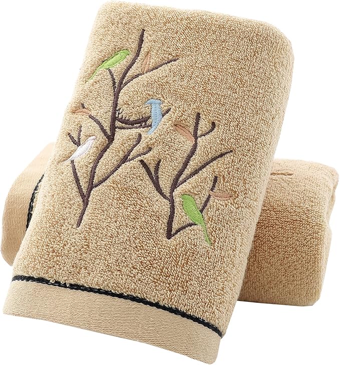 Pidada Hand Towels Set of 2 Embroidered Bird Tree Pattern 100% Cotton Absorbent