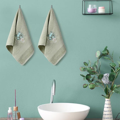 2 Pcs Eucalyptus Hand Towels Gray Green Bathroom Decor 14x29 Inch Embroidered
