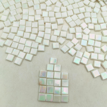 500g/1.1LB Iridescent Ice Jade Glass Mosaic Tiles, 560 Pieces, 2/5 Inch Square Stained Mosaic Tiles for DIY Crafts, Home/Outdoor Mosaic Decoration (White-IB11)