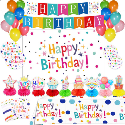 Happy Birthday Decorations Set for Kids - Party Supplies Kit with Honeycomb Balls, Banner, Backdrop, Balloons, Tablecloth, Plates, Napkins- Birthday Party Decor for Boys Girls