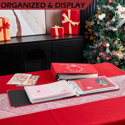 MANWU Christmas cards organizer binder album, greeting cards display organization Storage Holder, Cardkeeper special cards leather book, holds 100 cards (Golden)