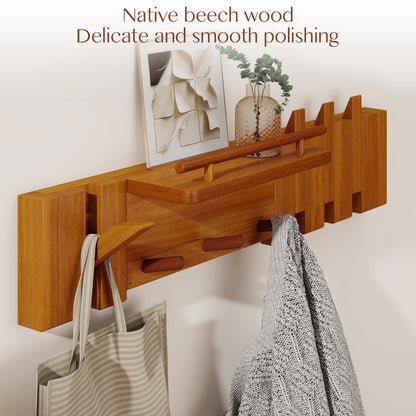 tonchean Wall Mounted Coat Rack, Piano Key Flip Style Walnut Wood Coat Hanger with 7 Hooks, Solid Wooden Hanging Rack for Home Entryway Bedroom Kitchen Living Room