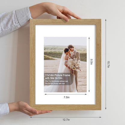 Hongkee 11x14 Picture Frame Set of 4, Made of Glass and Natural Oak Wooden Frame, Display 8x10 Pictures with Mat or 11 x 14 Posters without Mat for Wall Mounting, Gallery Photo Frames