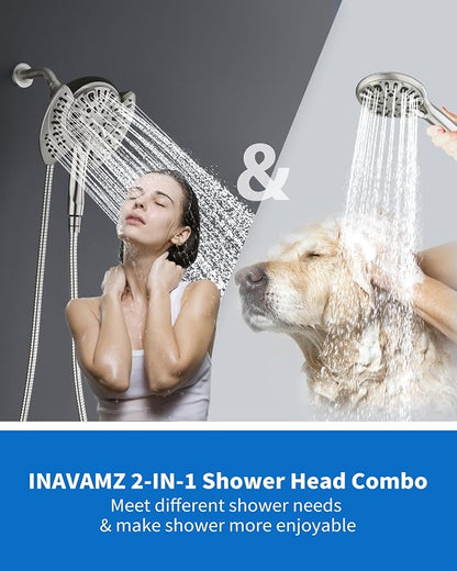 INAVAMZ Shower Head with Handheld High Pressure: Hand Held Shower Head & Rain Shower Head 2-IN-1 Shower Head with 59" Rotatable Stainless Steel Hose, Shower Trim Systems, Nickel 1.8 GPM 23233