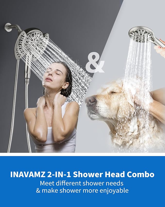 INAVAMZ Shower Head with Handheld High Pressure: Hand Held Shower Head & Rain Shower Head 2-IN-1 Shower Head with 59" Rotatable Stainless Steel Hose, Shower Trim Systems, Nickel 2.5 GPM 23233