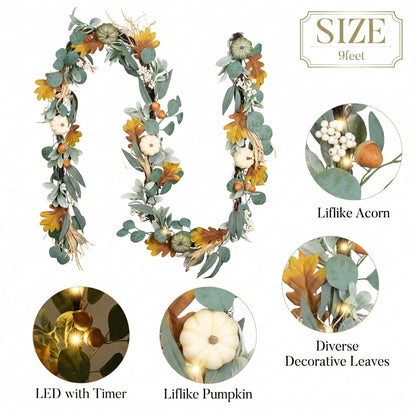 Valery Madelyn Fall Garland for Mantle, 9ft Lambs Ear Leaves Garland with Lights White Pumpkins Thanksgiving Table Centerpiece, Fall Autumn Decorations for Home Porch Fireplace Outdoor Halloween Decor