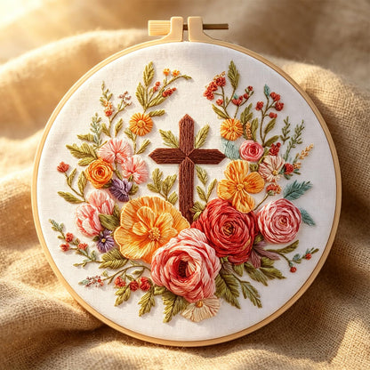 ZGEZGE Cross and Flower Embroidery Beginner Kit – Christian Embroidery, Includes Embroidery Hoop, pre-Printed Cotton Fabric, Scissors, Threader, and unraveler – Easter Gifts and Home Decor