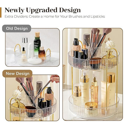 Aveniee 360 Rotating Makeup Organizer for Vanity, Upagraded Perfume Skincare Bathroom Counter Organizers with Brush Divider, Two Tier Spinning Lipstick Cosmetic Lotion Storage,White
