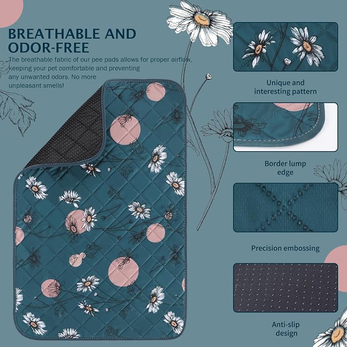 IEUUMLER Washable Pee Pads for Dogs, 2 Pack Non-Slip & Waterproof Pack Whelping Pad, Reusable Washable Puppy Potty Training Pad with Fast Absorbent for Playpen EU007 (Navy Blue Daisy, 42"X28"-2pcs)