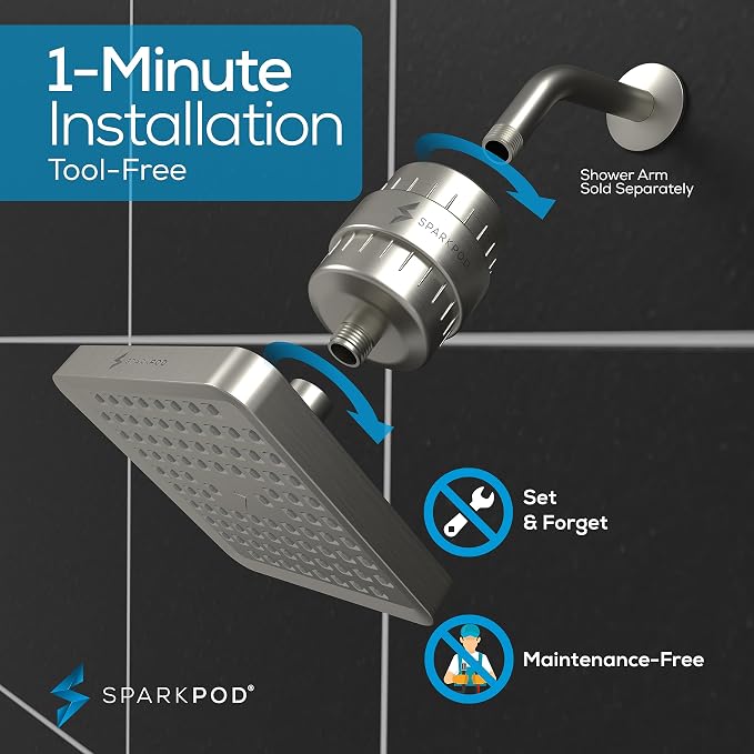 SparkPod 23-Stage Filtered Shower Head, 6" Square, Brushed Nickel | Filtered Shower Head for Hard Water Filter, High Pressure, Reduces Chlorine, Heavy Metals, For Dry Skin & Hair