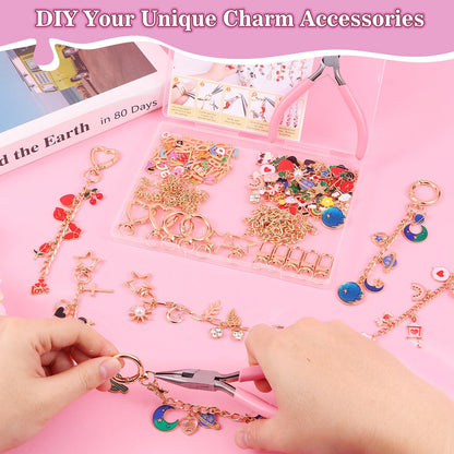 Riwiuue 352Pcs Lip Gloss Keychain Making Kit, DIY Charms Key Chain Making Kit with Bag Charm Supplies, Pendant, Jump Ring, Crab Clip, Pliers, Gift Bag & Tools for Mother's Day Party Gifts