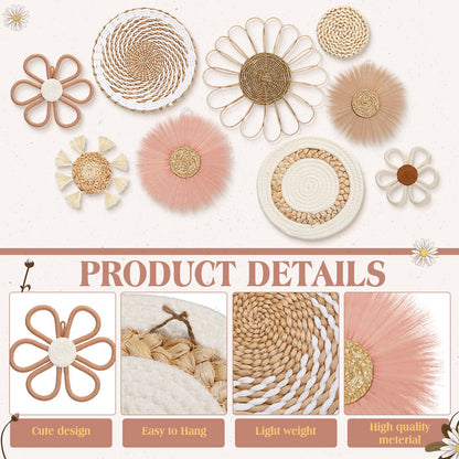 Chunful 9 Pcs Boho Nursery Wall Decor Daisy Flower Woven Macrame Seagrass Rattan Basket Wall Hanging Bohemian Decorations Gifts for Home Dorm Art Farmhouse Bedrooms Living Room(Pink Brown)