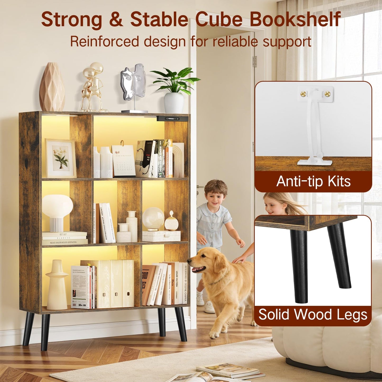 OUTONLIFE 7-Cube Bookshelf with LED Lights, Touch & Remote Control, Freestanding Open Bookcase Storage Shelf, Dimmable Modern Wooden Display Organizer with Legs for Living Room, Bedroom (Rustic Brown)
