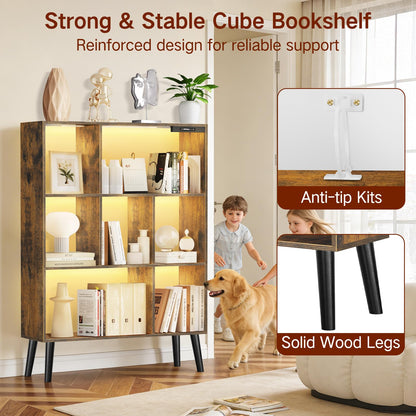 OUTONLIFE 7-Cube Bookshelf with LED Lights, Touch & Remote Control, Freestanding Open Bookcase Storage Shelf, Dimmable Modern Wooden Display Organizer with Legs for Living Room, Bedroom (Rustic Brown)
