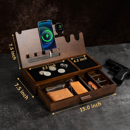DGWJSU Phone Docking Station as Gifts for Men, Wood Pistol Rack As Nightstand Organizer for Gun Safe, Phone Charging Station as Gifts for Him Boyfriend Father in Anniversary Birthday Christmas