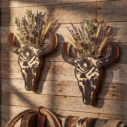 Yiyiring 2 Pcs Western Wall Decoration Wood Cow Skull Wall Planter for Indoor Plants 12 x 8'' Western Flower Hanging Vase for Flower Faux Rustic Home Ornaments for Bathroom Bedroom