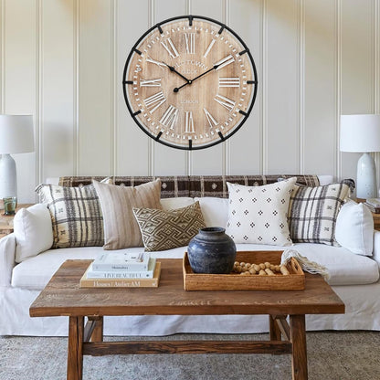 MICWIC 24 Inch Grand Farmhouse Wall Clock, Vintage-Inspired Wood & Metal Design with Large Etched Numbers, Silent Battery-Powered Timepiece for Offices, Kitchens, Bedrooms, and Living Rooms