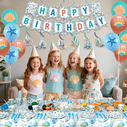Obussgar Shells Birthday Party Decorations - Shells Party Supplies including Banner, Plate, Cake Topper, Cup, Napkin, Balloon, Tablecloth - Serves 20