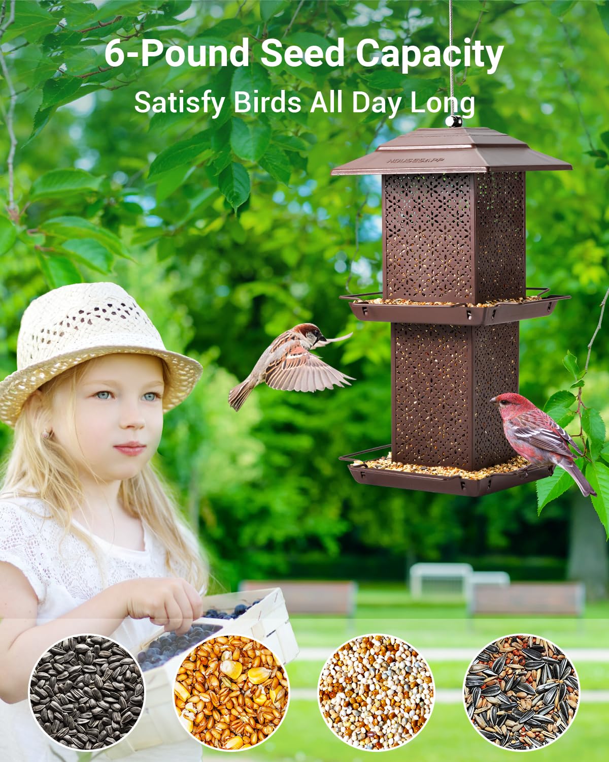HouseSapp Bird Feeders for Outdoors Hanging - 6lb Large Capacity Metal Double Tier Bird Feeder,Chew-Proof, Weather and Water Resistant Wild Bird Feeders, Outside and Garden Decoration