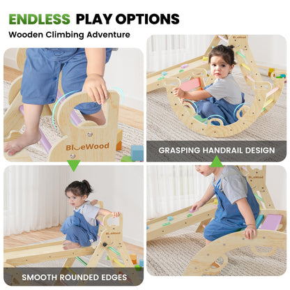 BlueWood Pikler Triangle Set with Safe Handle, Foldable 7-in-1 Montessori Toddler Climbing Toys Indoor, Wooden Pickler Climbing Set, Baby Jungle Gym & Playground, Climbing Toys for 1-3 Year, Rainbow