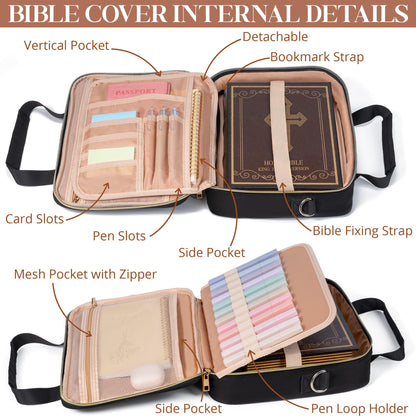 Bible Cover Case for Women, Large Bible Bag w/Shoulder Strap, Bible Study Supplies Journaling Kit Pink Book Carrying Case with Accessories Pastel Highlighter Tab, Christian Gifts for Women Mom Friends