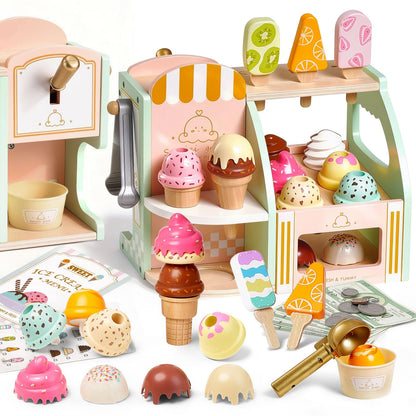 Giant bean Wooden Ice Cream Play Set, with Drop-Down Dispenser, Play Kitchen Accessories with Cones, Popsicles, Scoops, Play Money & Menu, Ice Cream Toy for Kids Ages 3+, Birthday