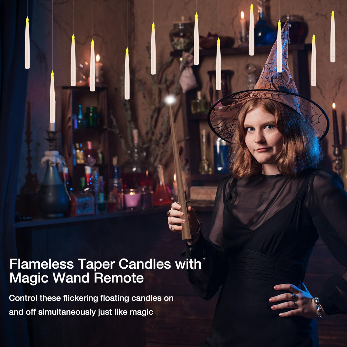 Halloween Decorations, Floating Candles with Wand, Magic Hanging Candles Flickering Warm Light Flameless LED Taper Candle with Wand Remote, Battery Operated Window Candles for Holiday Decor (12 Pack)