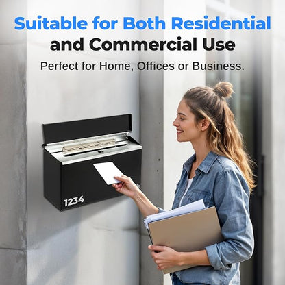 SereneLife Outdoor Wall Mailbox & Newspaper Holder | 0.24 FT Cubic Mailbox | Easy Installation, Secure Lock Mechanism | Ideal for Residential or Commercial Use | Wall Mountable | 15x3x11 in | Black