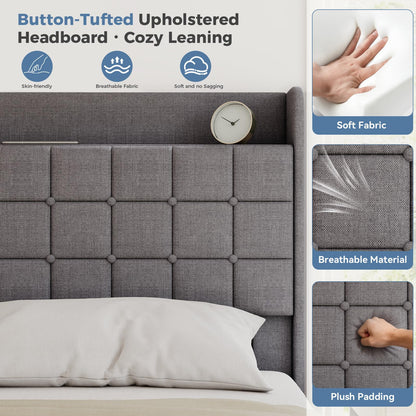 DUMOS Full Size Upholstered Platform Bed Frame, Full Bed with Storage Drawers and Fabric Headboard, Wooden Slats Support, 882 lbs Weight Capacity, No Box Spring Needed, Easy Assembly, Gray