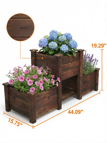 Borsynium Wooden Raised Planter Box Set, 3-Tier, Carbonized Brown, Outdoor Garden Bed, Rustic Style