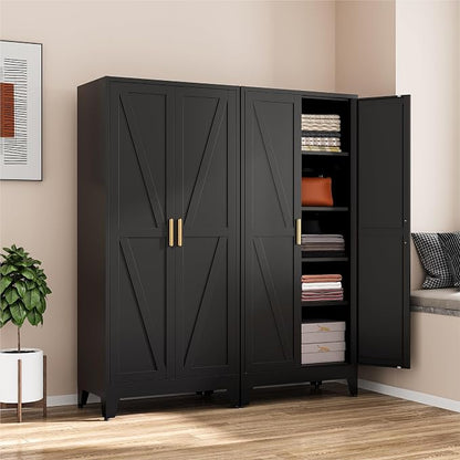 COFaR Black Metal Wardrobe Closet, Reversible 2-Section Design with Hanging Rod & Adjustable Shelves, 71" Freestanding Armoire Cabinet with Top Storage Space