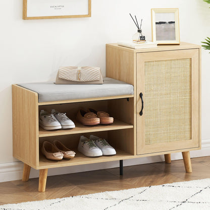 GAOMON 2-in-1 Natural Rattan Shoe Storage Bench with Upholstered, Shoe Cabinets with Adjustable Shelf, Home Entrance Shoe Rack for Hallway Living Room Bedroom Dorm and Small Apartment