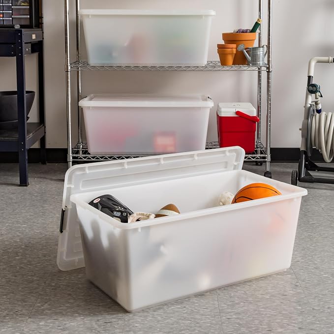 IRIS USA 91 Qt Stackable Plastic Storage Bins with Lids, 4 Pack - BPA-Free, Discreet Organizing Solution, Latches, Durable Nestable Containers, Secure Pull Handle, Made in USA - Pearl