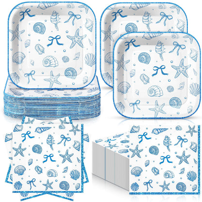 Zhehao 72 Pcs Coastal Seashell Plates and Napkins Set Serve 36, 7" Ocean Beach Party Supplies Disposable Blue Bow Starfish Seashell Beach Bachelorette Under The Sea Dinnerware Decoration